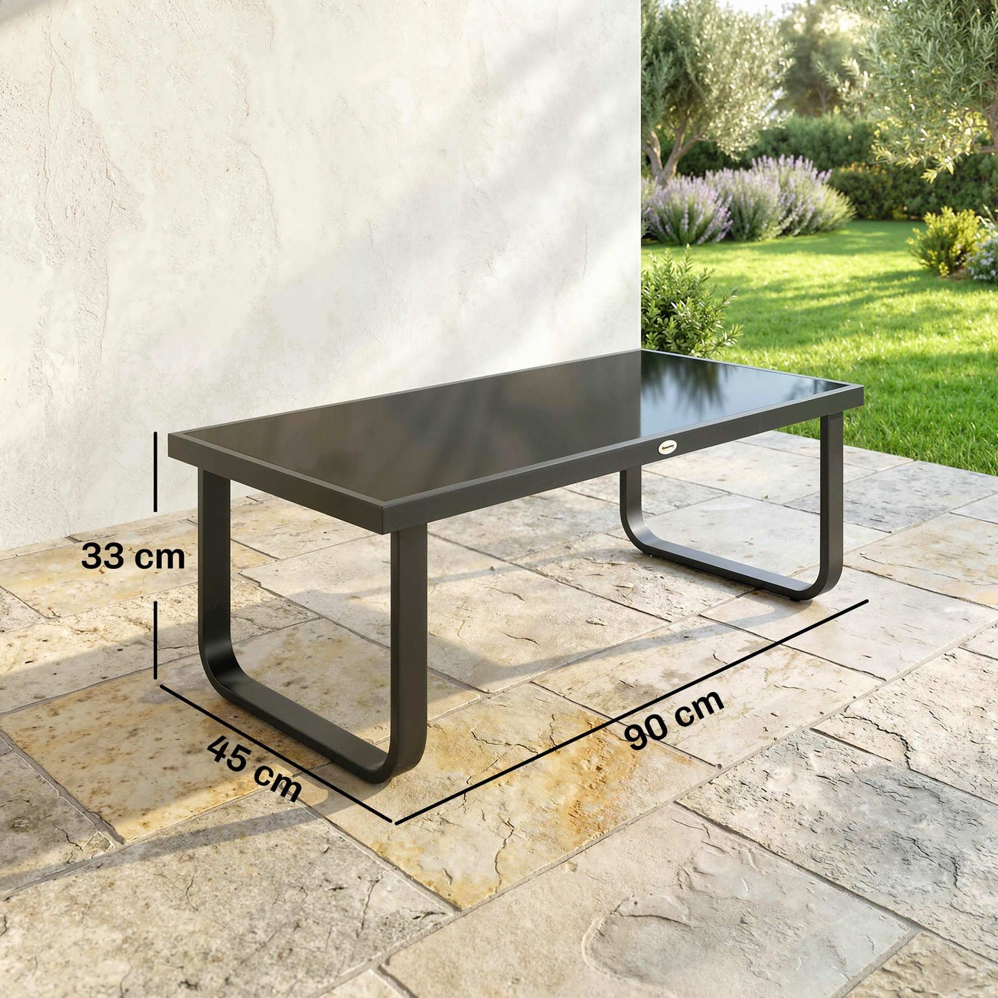 Garden Coffee Table Outdoor Side Table with Glass Top Black