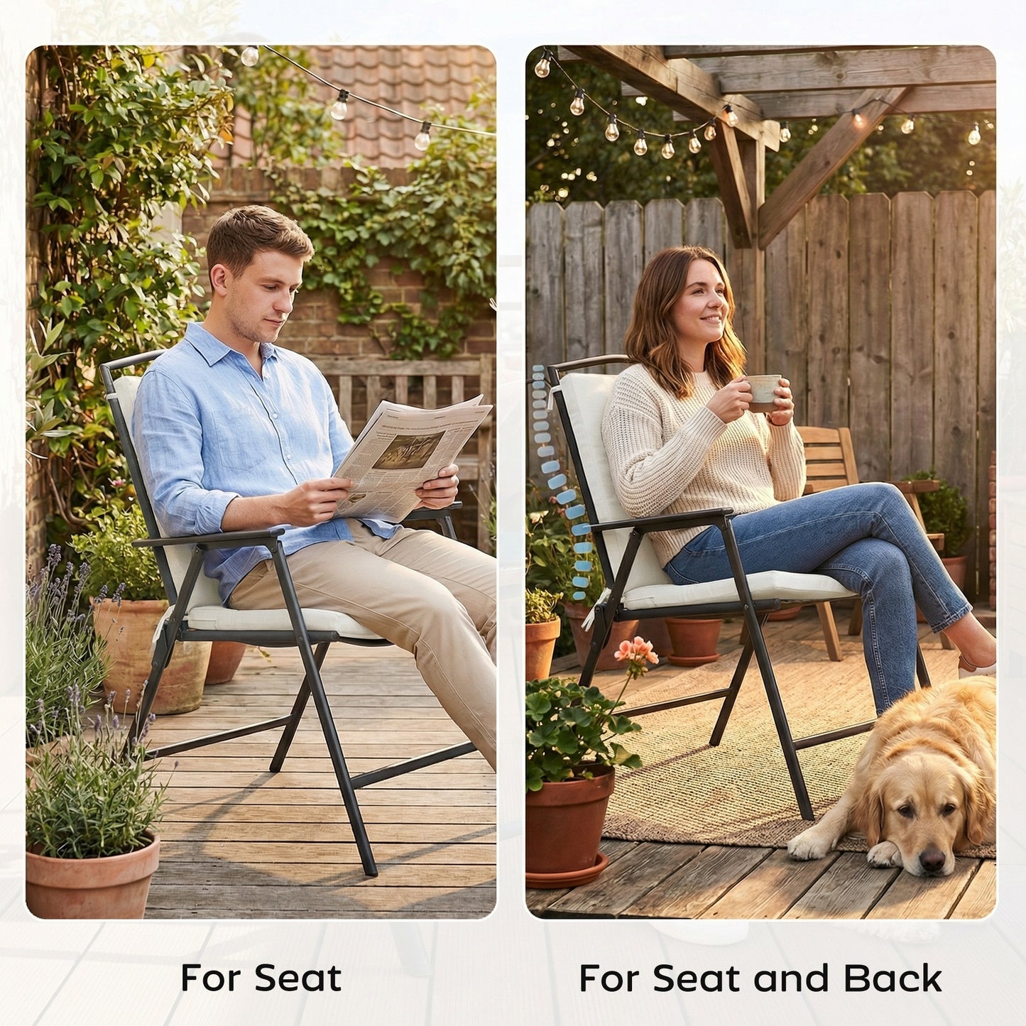 2Pcs Garden Chair Cushions, Waterproof Seat Pads, Cream White