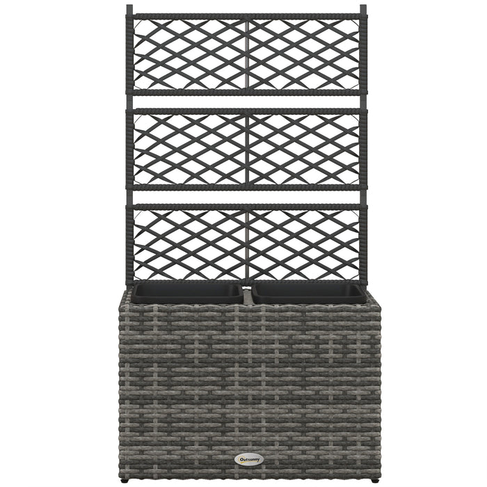 22L Garden PE Rattan Planter w/ Trellis, Free Standing Flower Raised Bed w/ 2 Plant Boxes for Climbing Plants, 57x30x107 cm, Mixed Grey