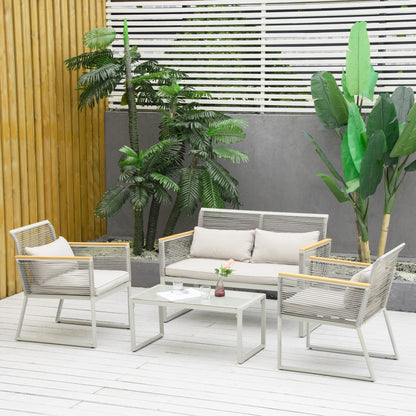 4-Seater Patio Wicker Sofa Set, Outdoor Metal Frame Wrapped Round PE Rattan Conservatory Furniture w/ Cushions, Tempered Glass Table, Grey