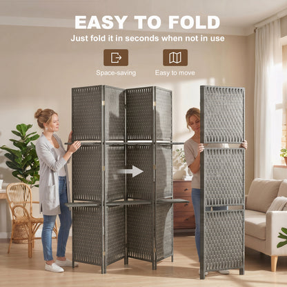 4-Panel Room Divider with Shelves, Wave Fibre Freestanding Folding Privacy Screen Panels, Partition Wall Divider for Indoor Bedroom Office, 180 cm, Grey