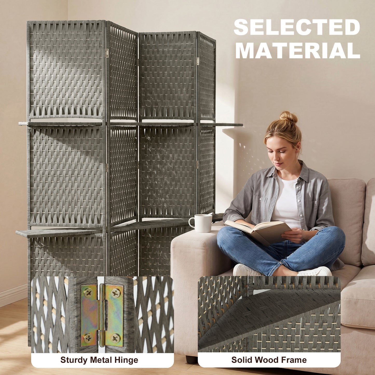 4-Panel Room Divider with Shelves, Wave Fibre Freestanding Folding Privacy Screen Panels, Partition Wall Divider for Indoor Bedroom Office, 180 cm, Grey