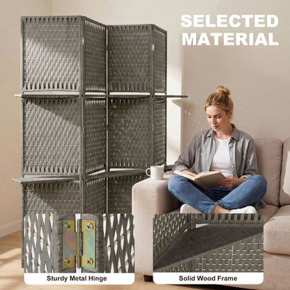 4-Panel Room Divider with Shelves, Wave Fibre Freestanding Folding Privacy Screen Panels, Partition Wall Divider for Indoor Bedroom Office, 180 cm, Grey