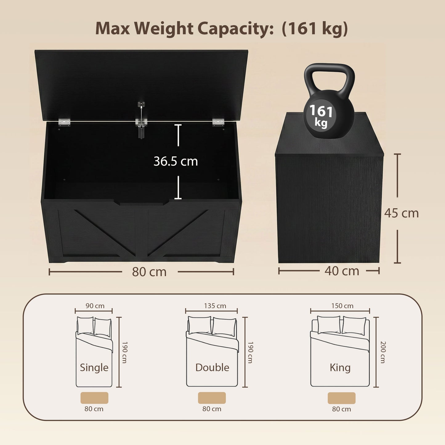 Storage Trunk for Living Room, with Safety Hinge, 80cm, Black