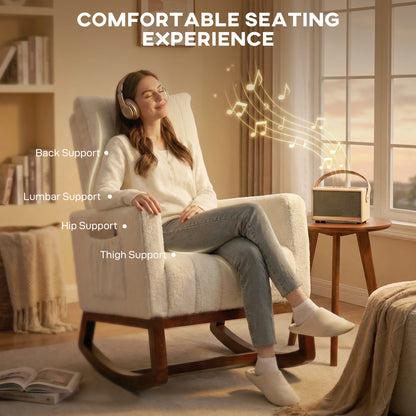 Rocking Chair for Adults, Lounge Rocker w/ Lumbar Pillow, Cream White