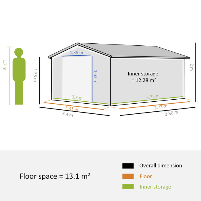 13 x 11 ft Metal Garden Shed Large Patio Roofed Tool Storage Box with Foundation Ventilation and Sliding Doors, Yellow