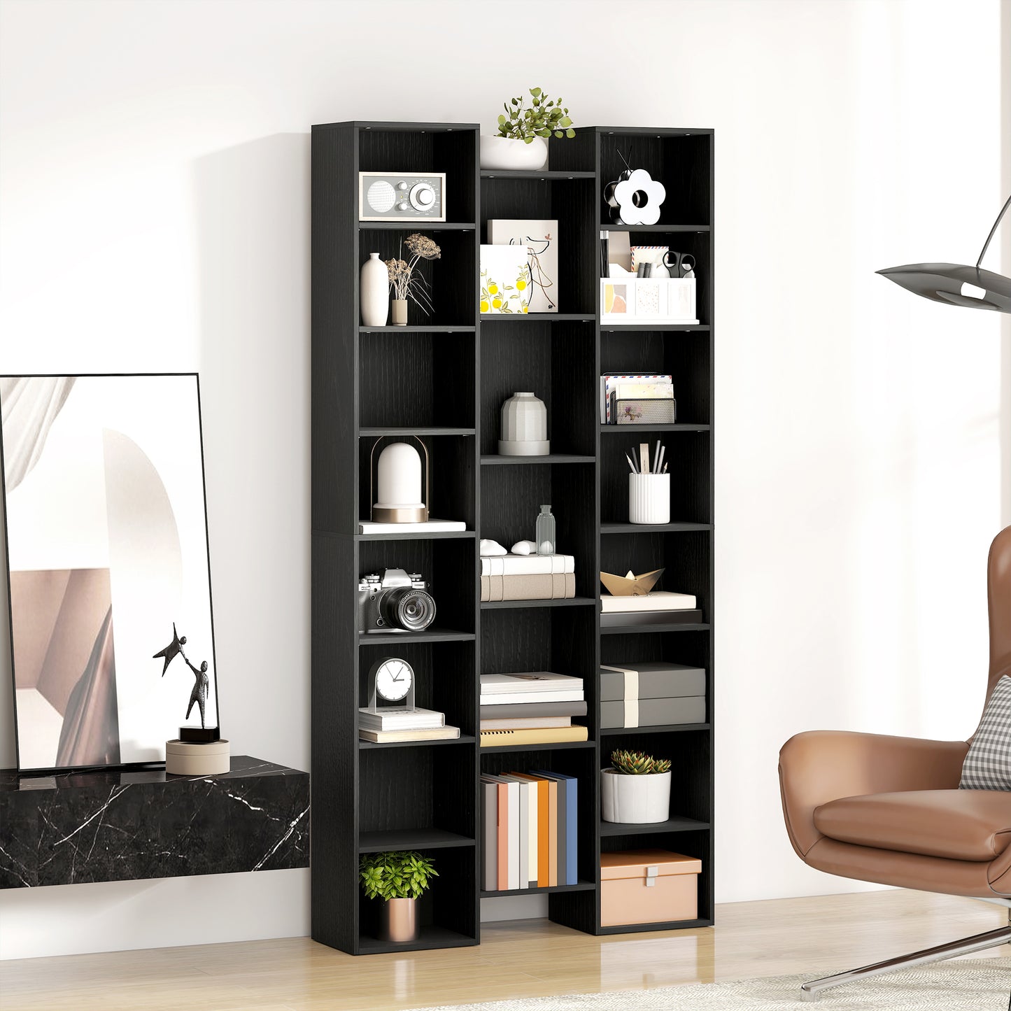 Tall Bookshelf with 21 Compartments and 10 Adjustable Shelves, Black