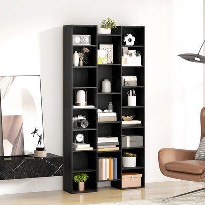 Tall Bookshelf with 21 Compartments and 10 Adjustable Shelves, Black