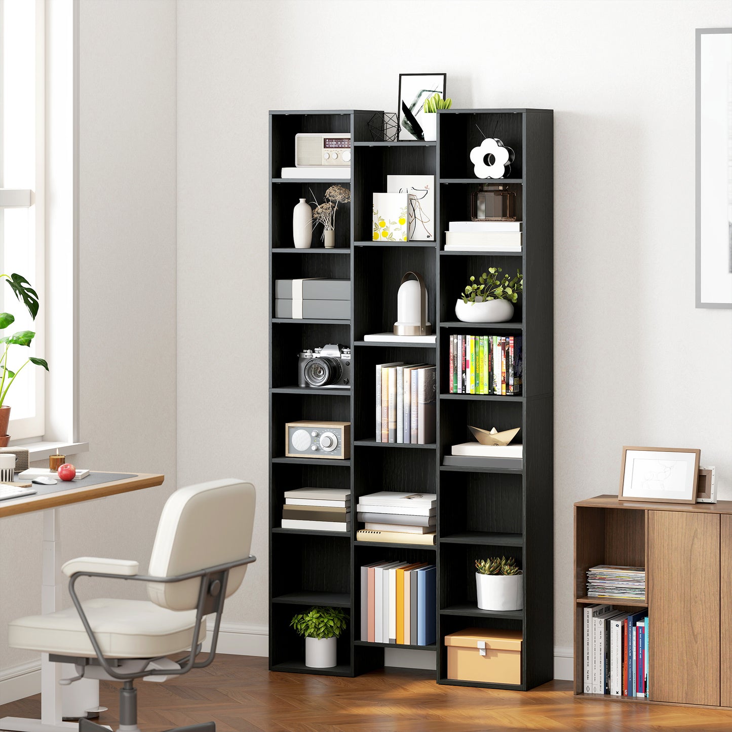 Tall Bookshelf with 21 Compartments and 10 Adjustable Shelves, Black
