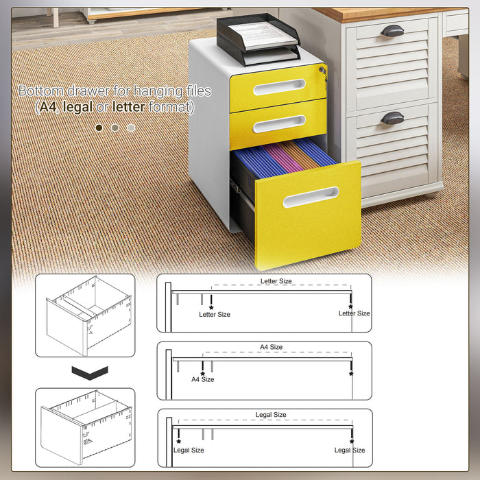 Vinsetto 3 Drawer Modern Steel Filing Cabinet w/ 4 Wheels Lock Box Yellow