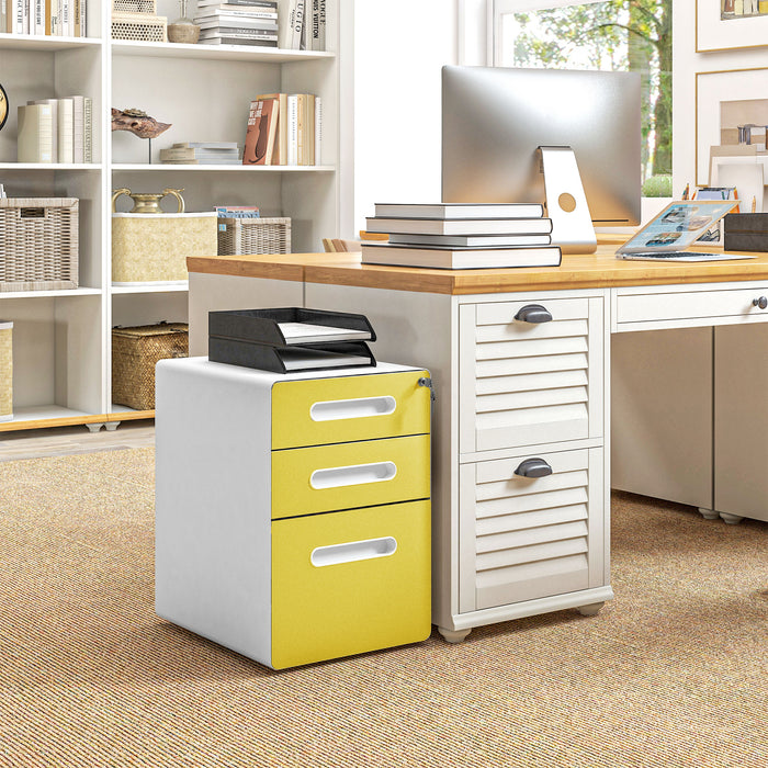 Vinsetto 3 Drawer Modern Steel Filing Cabinet w/ 4 Wheels Lock Box Yellow