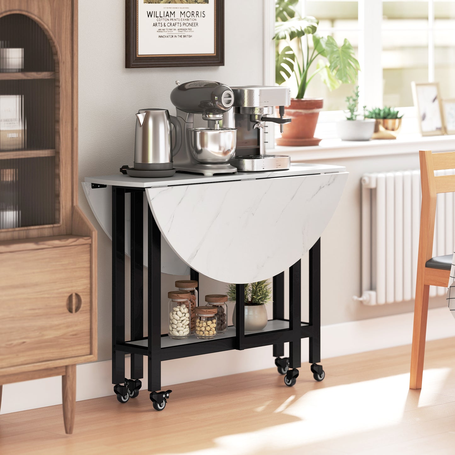 Folding Dining Table, Drop Leaf Table with Open Shelf, White Marble