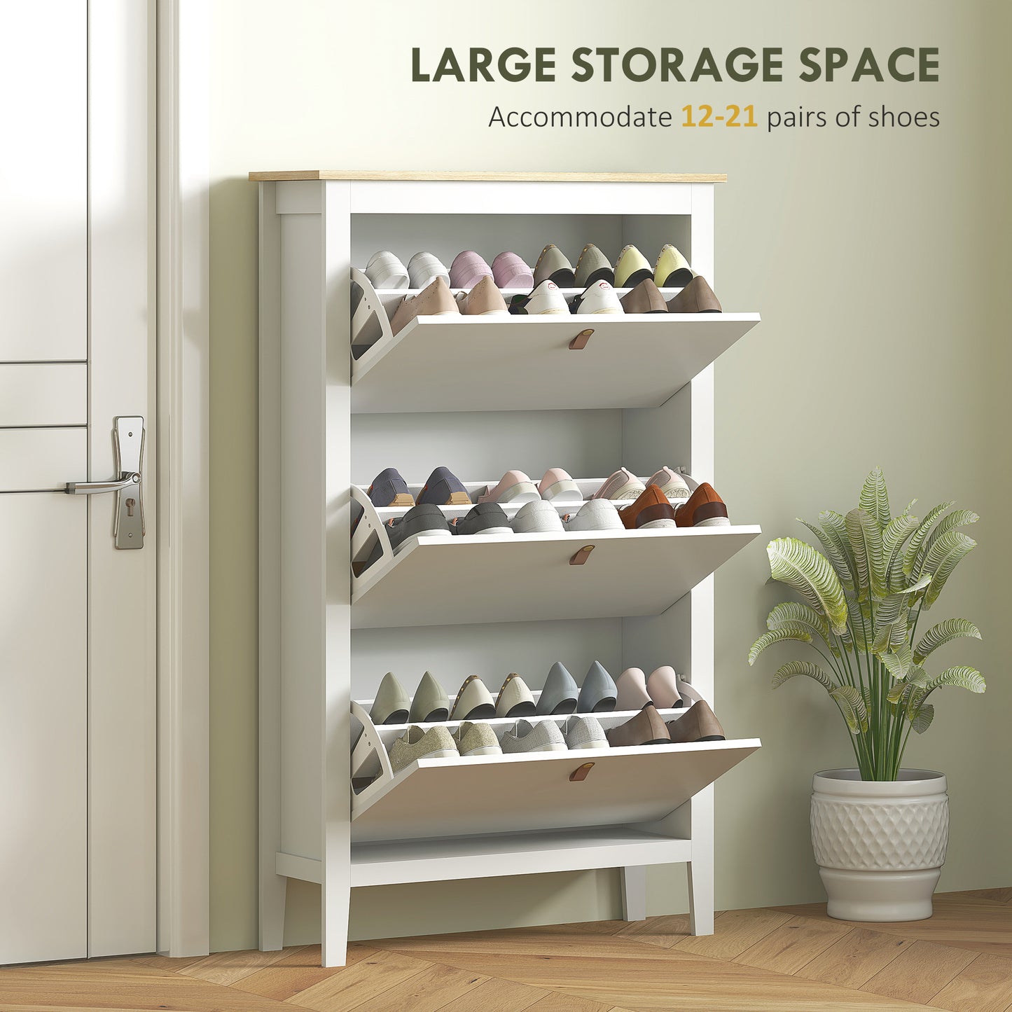 3 Drawer Shoe Cabinet with Flip Doors for Hallway, Entryway, White