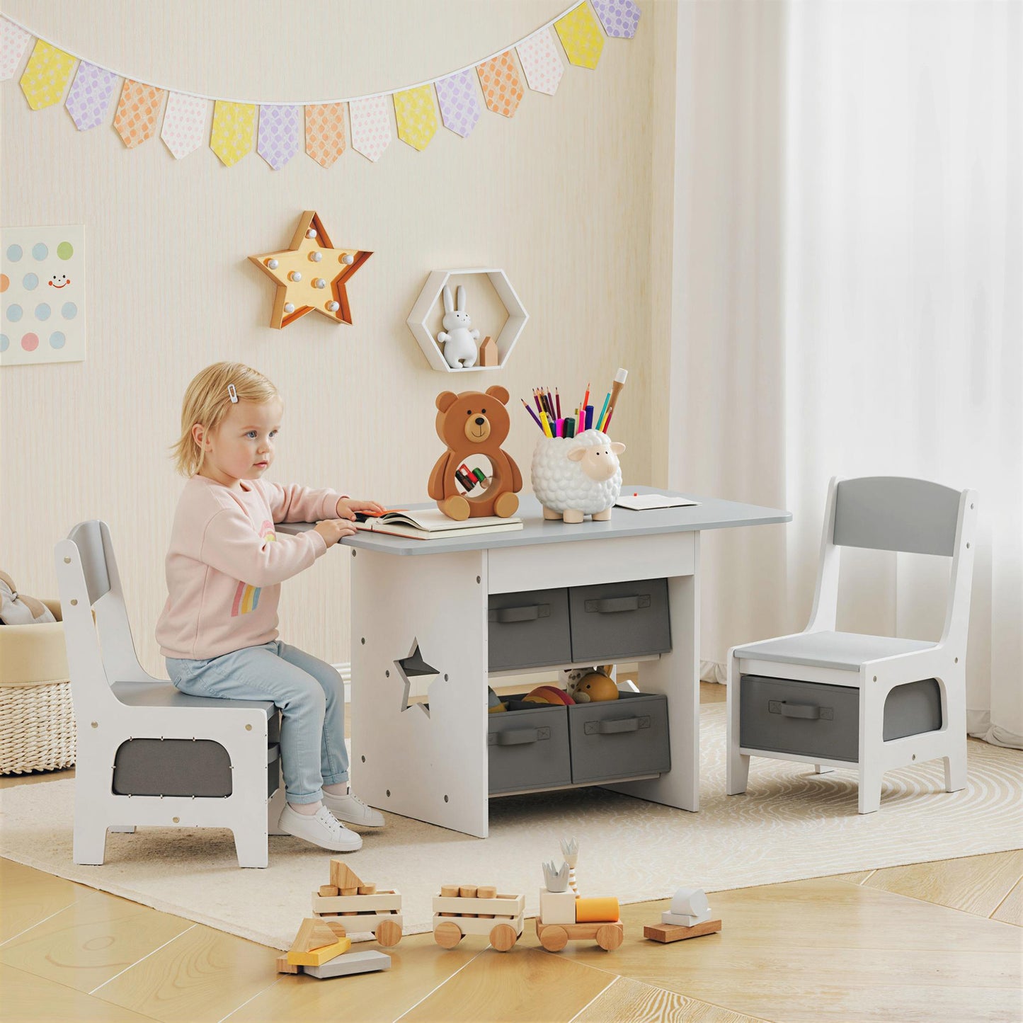Kids Table and Chair Set with 6 Removable Drawers, Light Grey