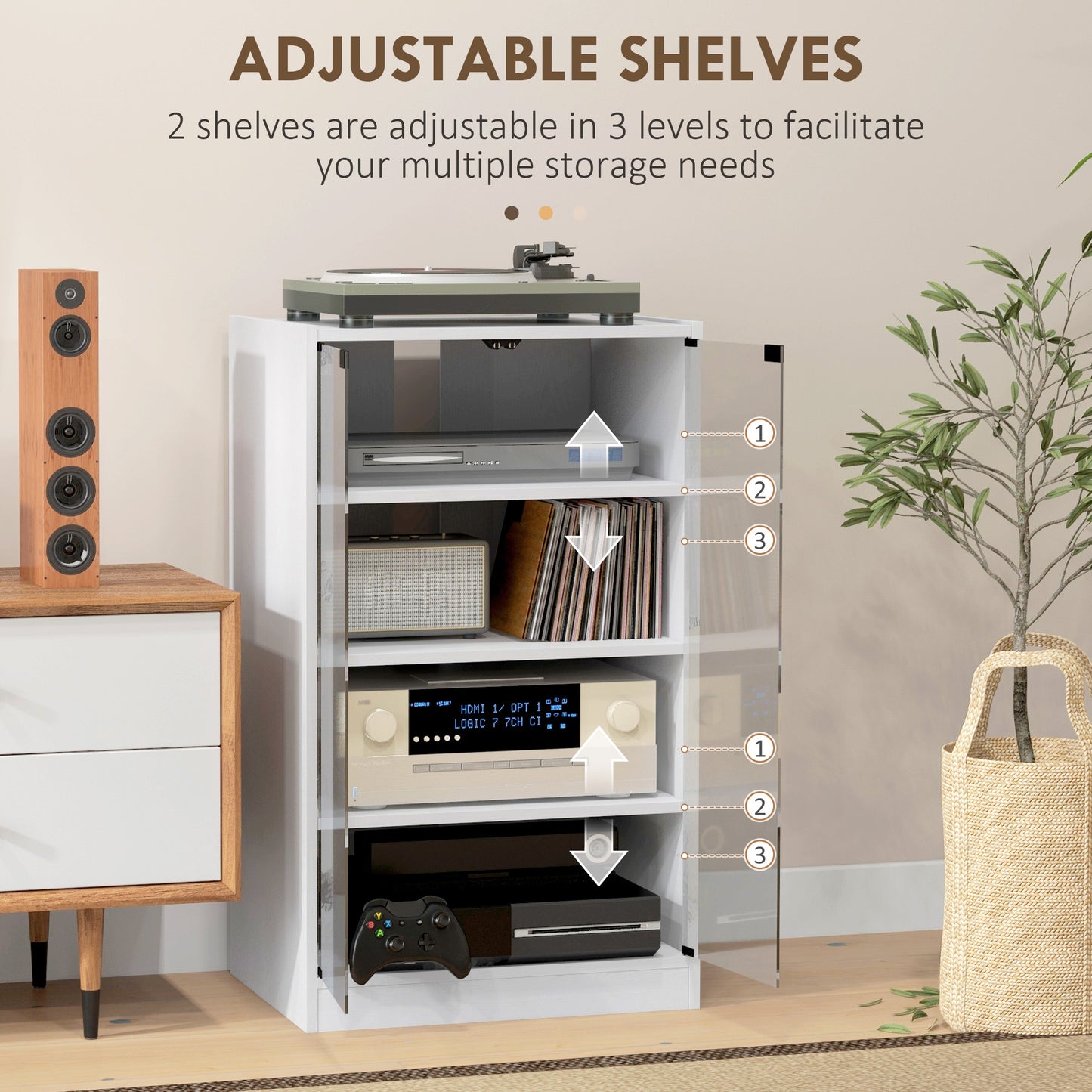 4-Tier Hi-Fi Stand with Adjustable Shelves, White Wood-Effect