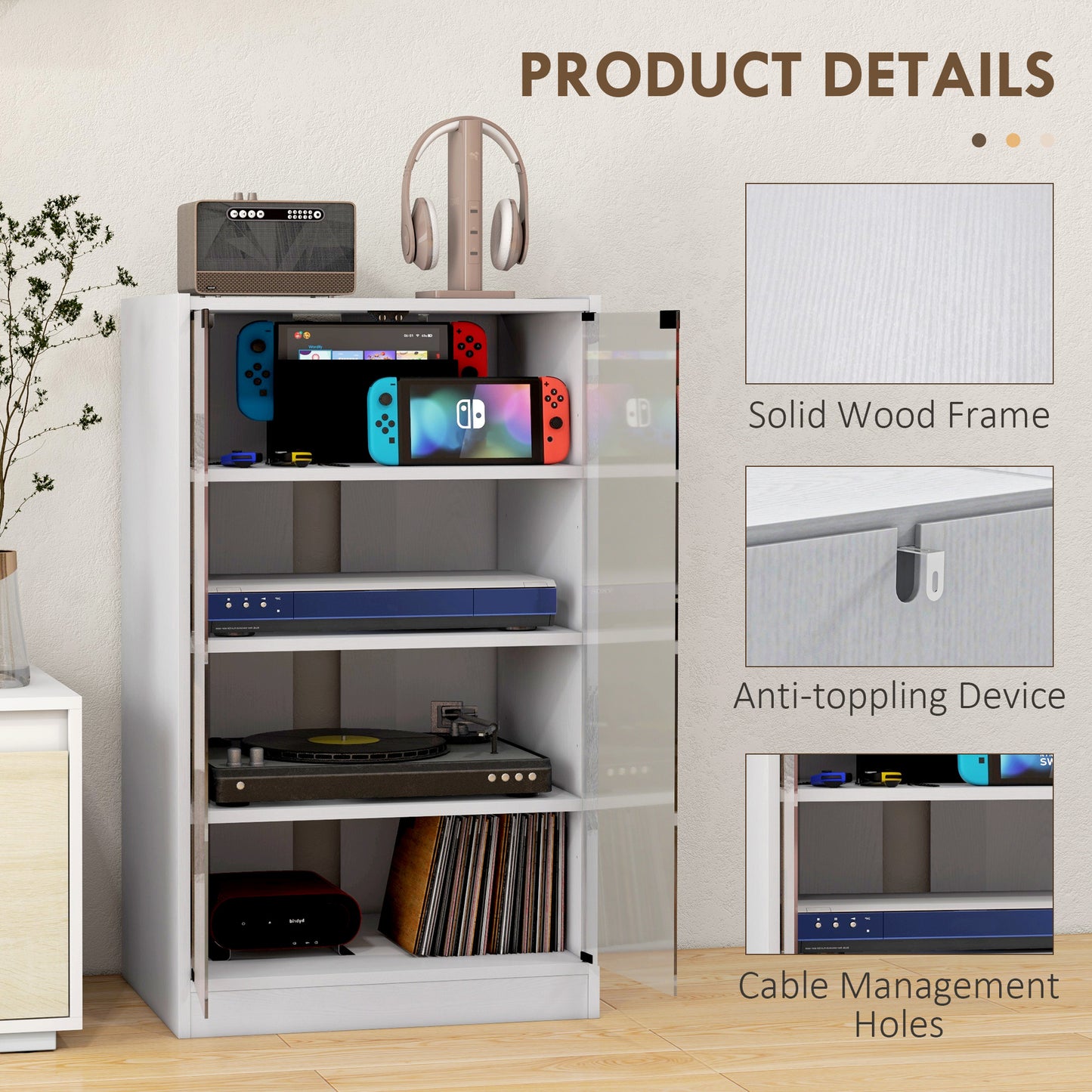 4-Tier Hi-Fi Stand with Adjustable Shelves, White Wood-Effect