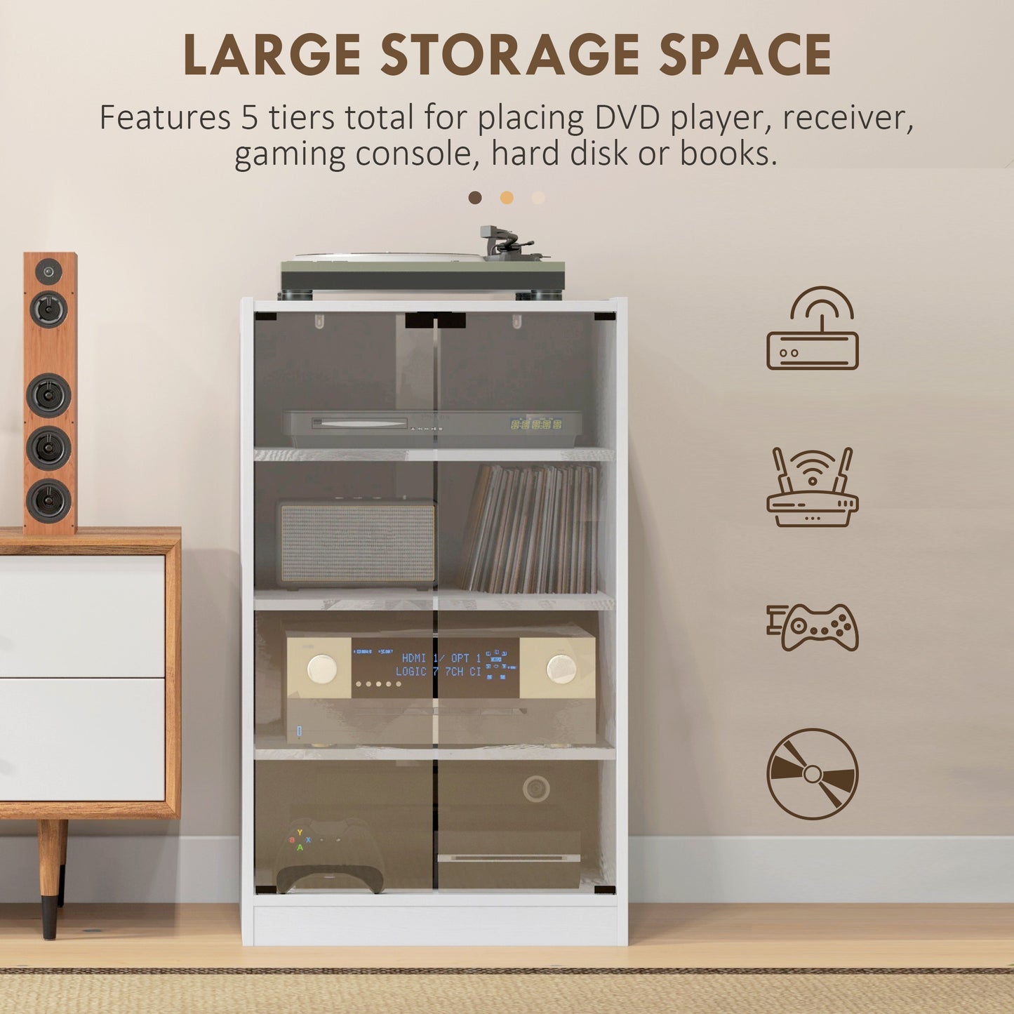 4-Tier Hi-Fi Stand with Adjustable Shelves, White Wood-Effect