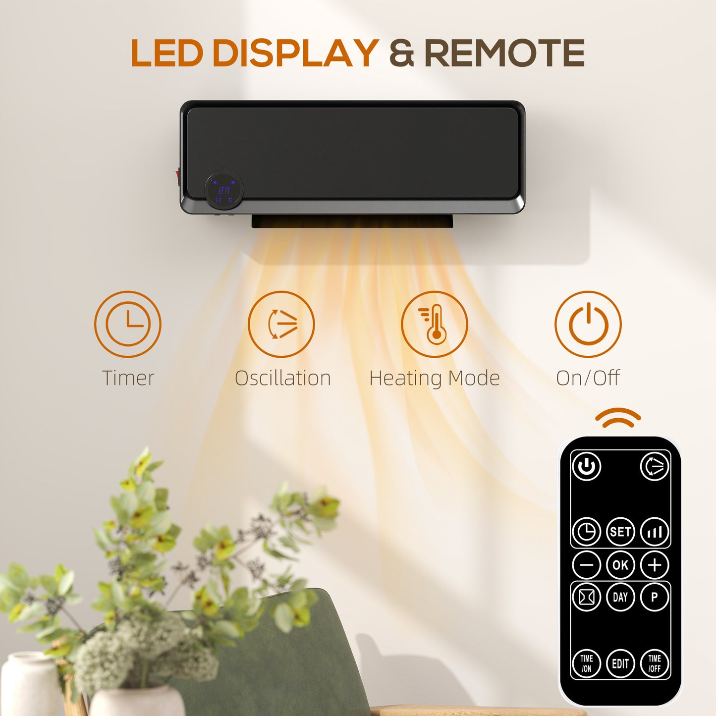 1000W/2000W Wall Downflow Heater 10-49°C Temperature w/ Timer, Black