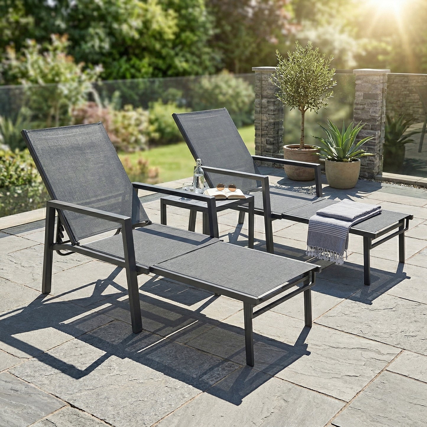 Sun Loungers Set of 2 w/ Retractable Footrest 5-Position Adjustable