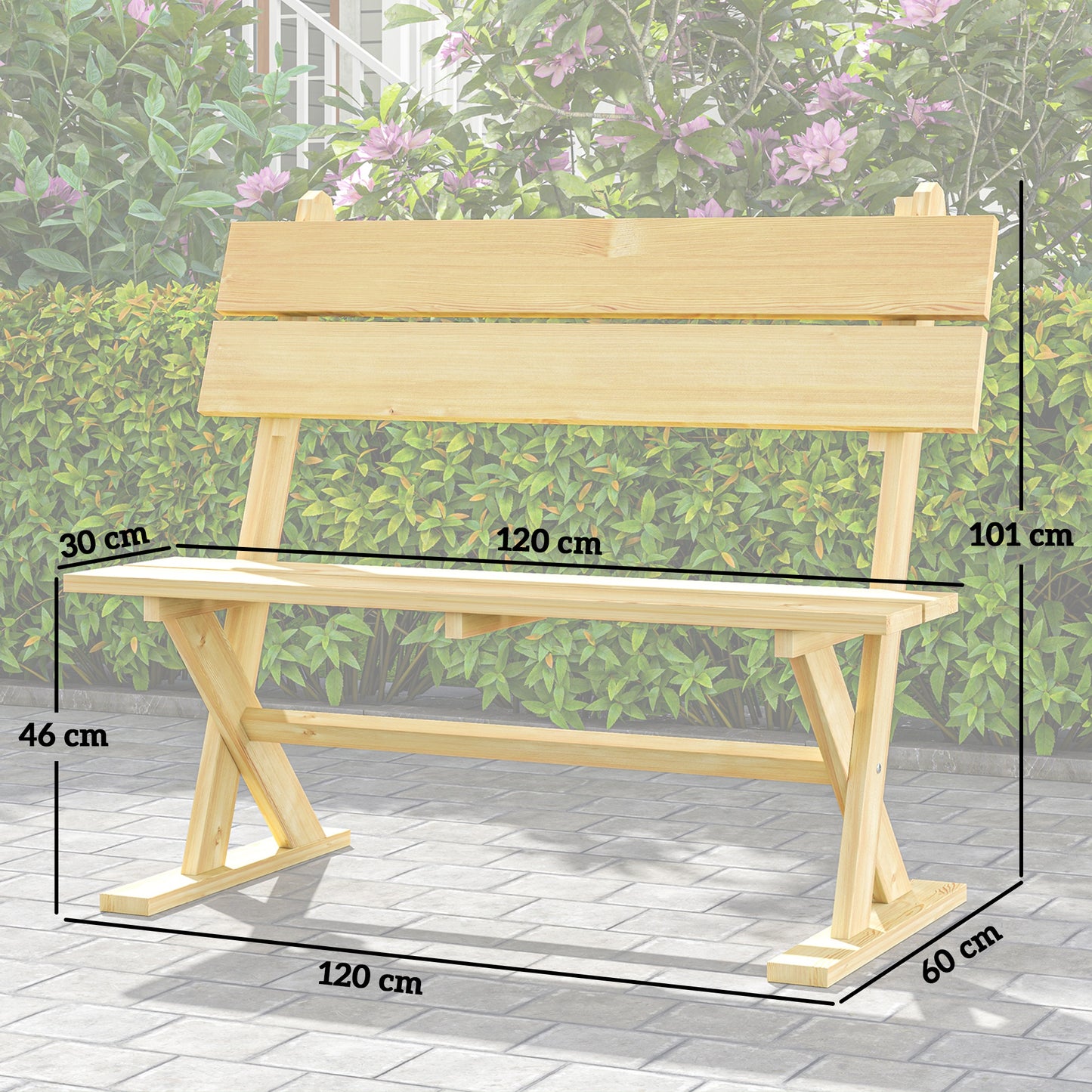 2 Seater Wooden Garden Bench Outdoor Loveseat with Back, Natural
