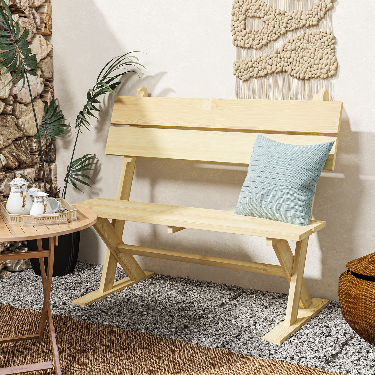 2 Seater Wooden Garden Bench Outdoor Loveseat with Back, Natural