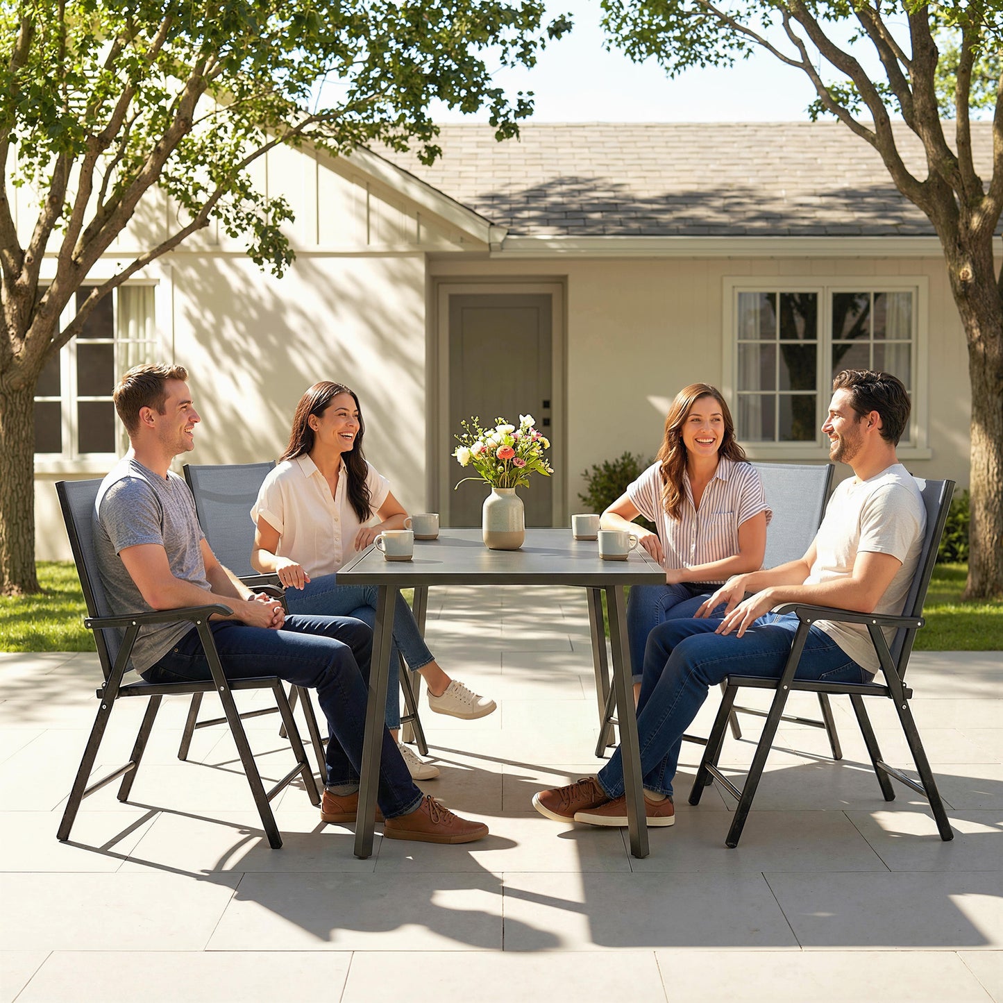 Folding Garden Chairs Set of 4 with High Back, Armrests, Light Grey