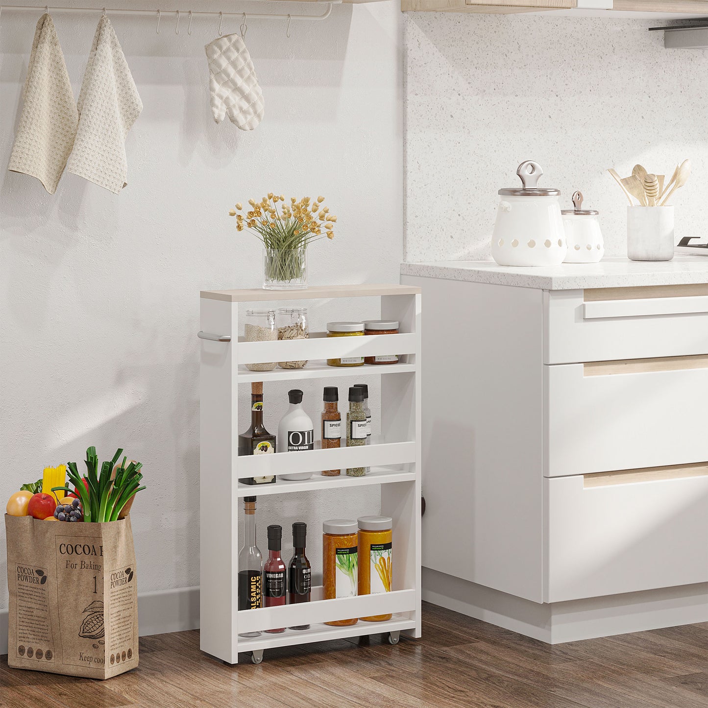 kleankin 4-Tier Storage Trolley on Wheels, Storage Cart, Rolling Ultility Cart with 3 Open Shelves for Living Room, Kitchen, Bathroom, White