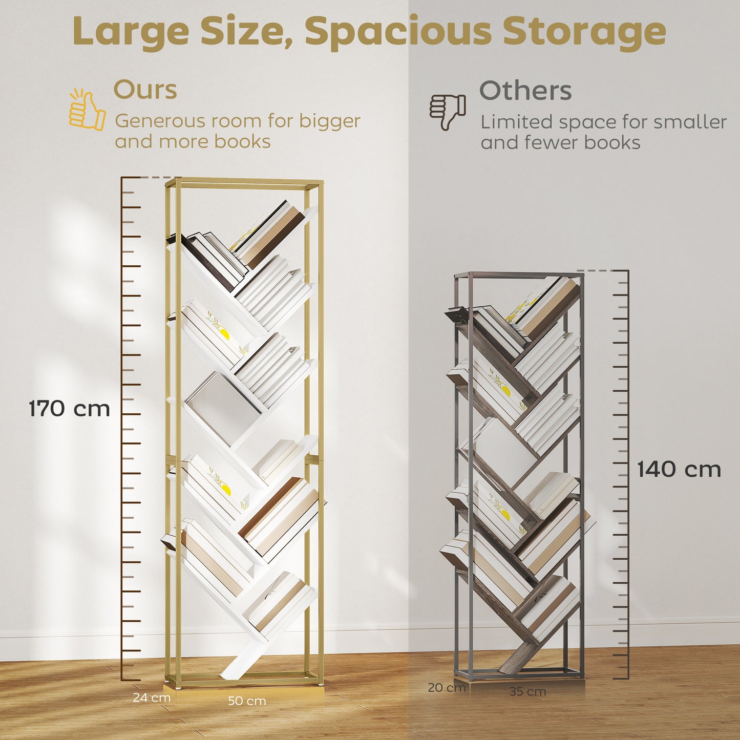 10 Tier Tree Bookshelf Modern Tall Bookcase White Gold Tone