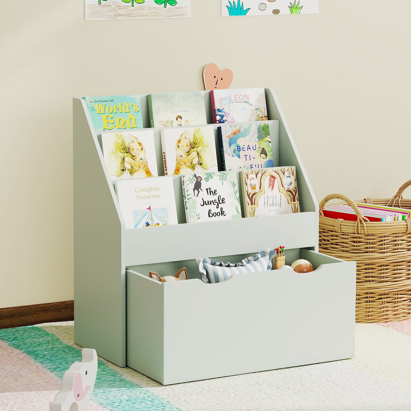 Kids Bookcase w/ 3 Tier Shelves, Drawer, for Bedroom, Nursery, Green