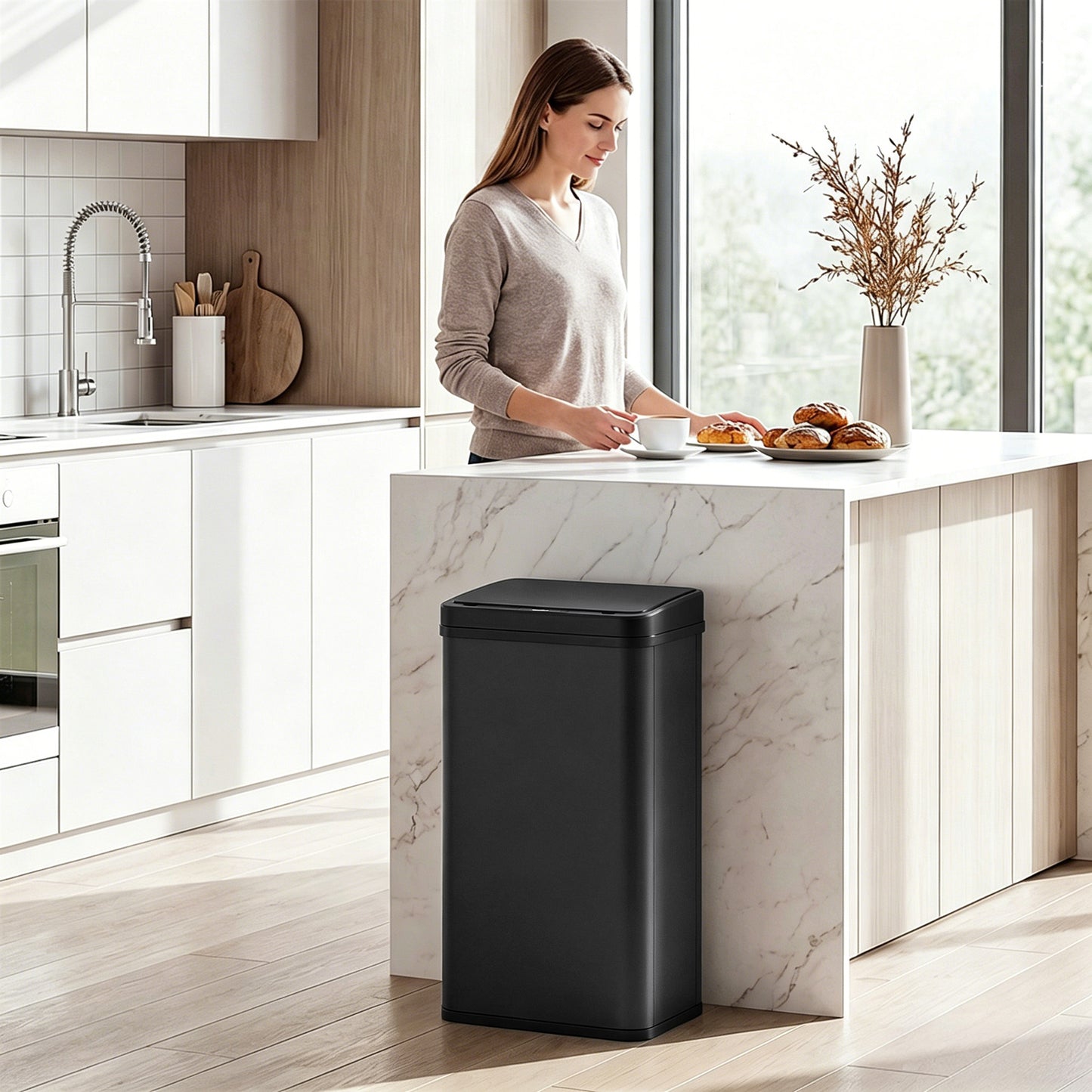 50L Sensor Bin with Quiet Soft-Close Lid, Automatic Touchless Motion Sensor Kitchen Bin with Fingerprint Resistant Stainless Steel for Hygienic Gyms, Home Office Use, Black