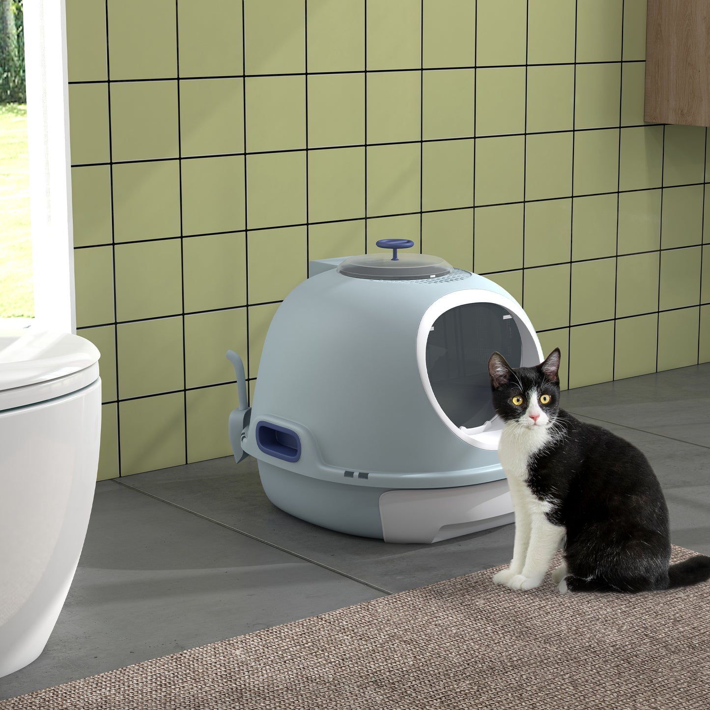 Cat Litter Box Toilet With Litter Scoop Enclosed Drawer Skylight Easy To Clean Blue