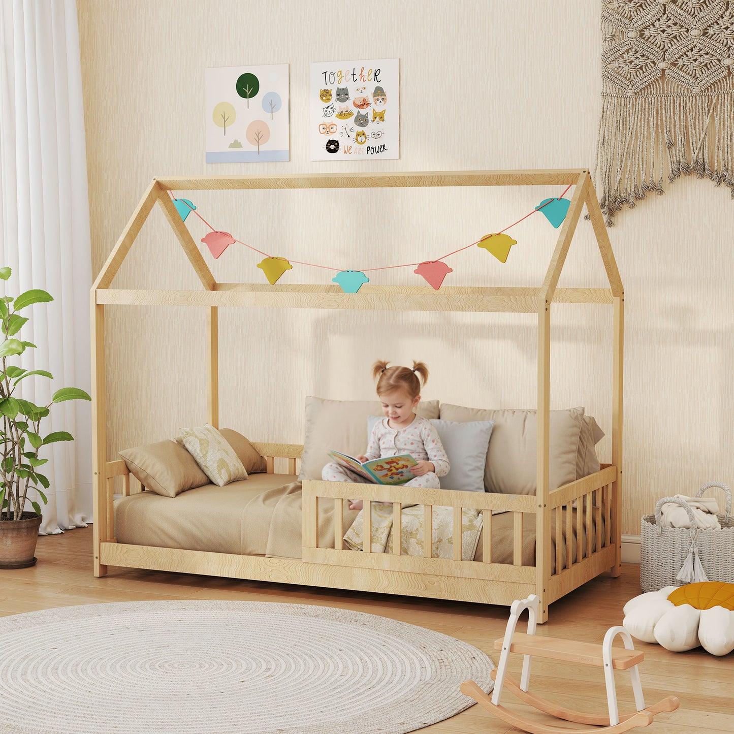 House-Shaped Kids Bed Frame Solid Pine Wood with Guard Rails, Natural