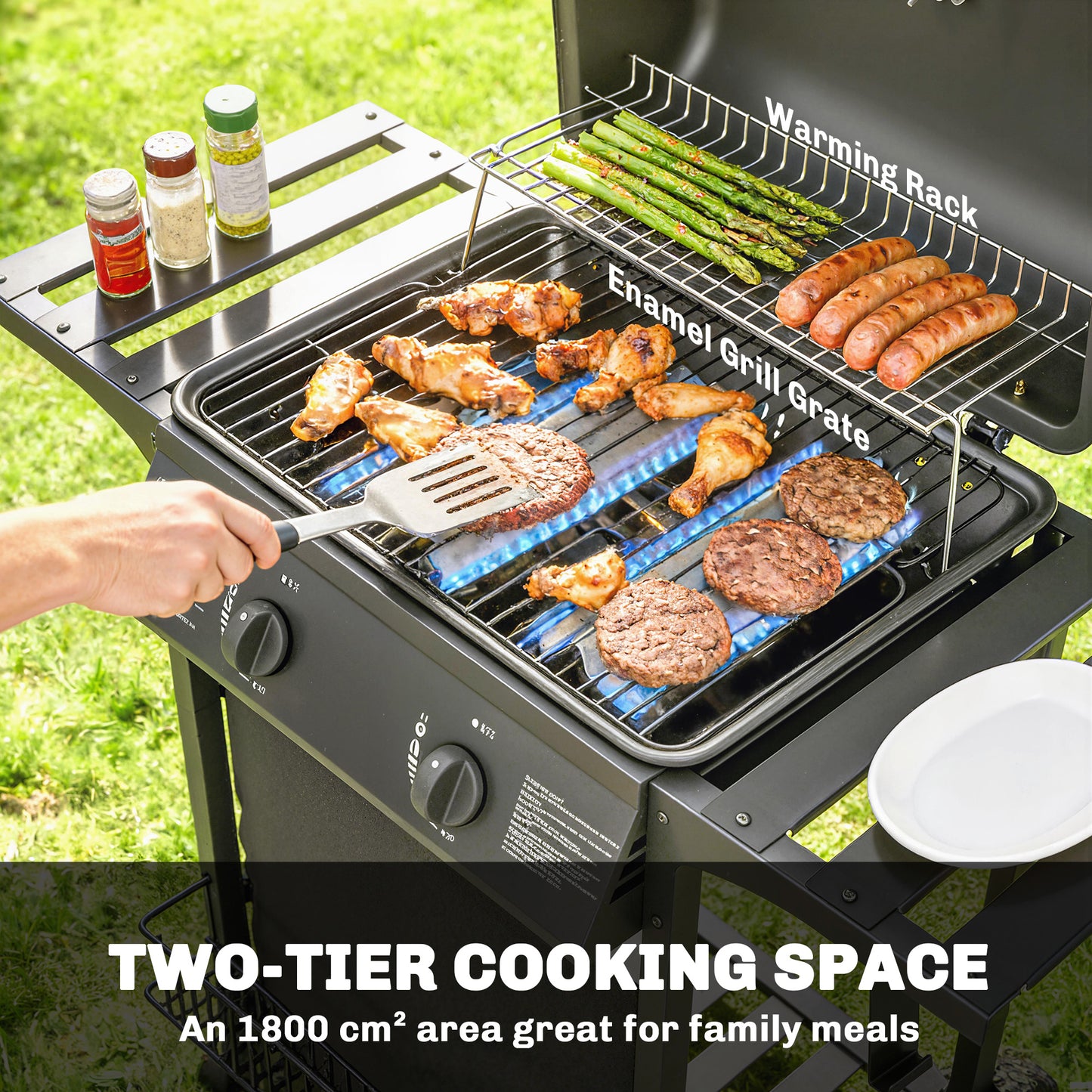 Gas Burner Barbecue Grill, Garden BBQ Grill with Warming Rack