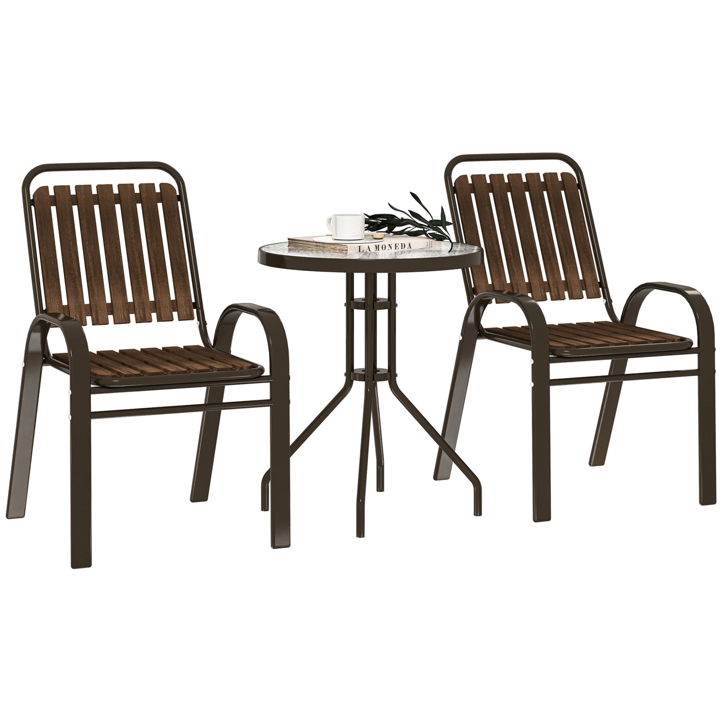 Stackable Patio Bistro Set, 3 Pieces Garden Furniture Set, Brown