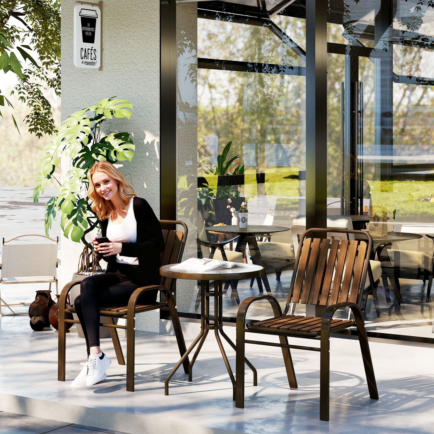 Stackable Patio Bistro Set, 3 Pieces Garden Furniture Set, Brown