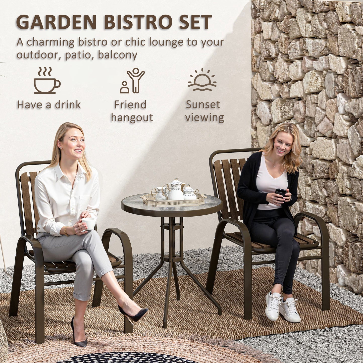 Stackable Patio Bistro Set, 3 Pieces Garden Furniture Set, Brown