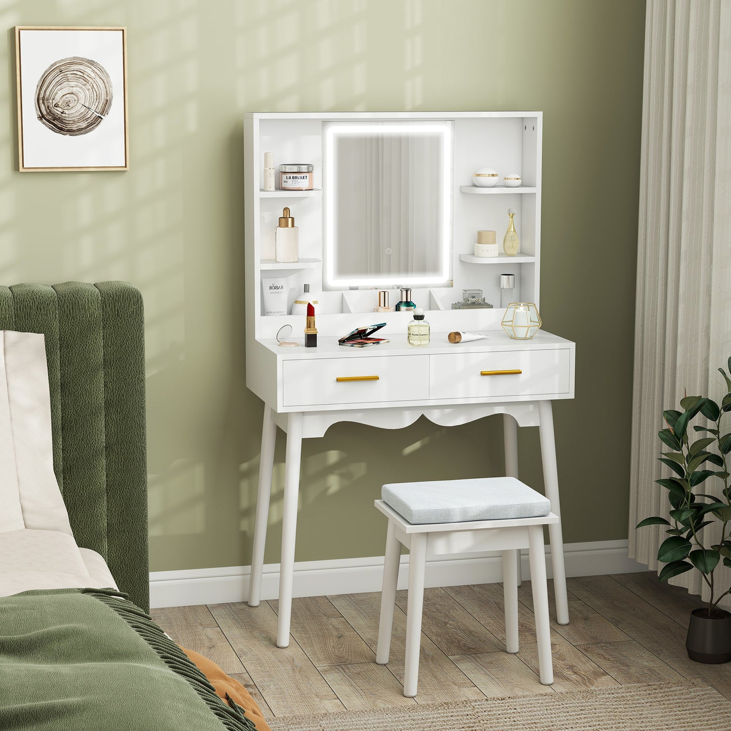 Dressing Table with LED Lighted Mirror and Cushioned Stool White
