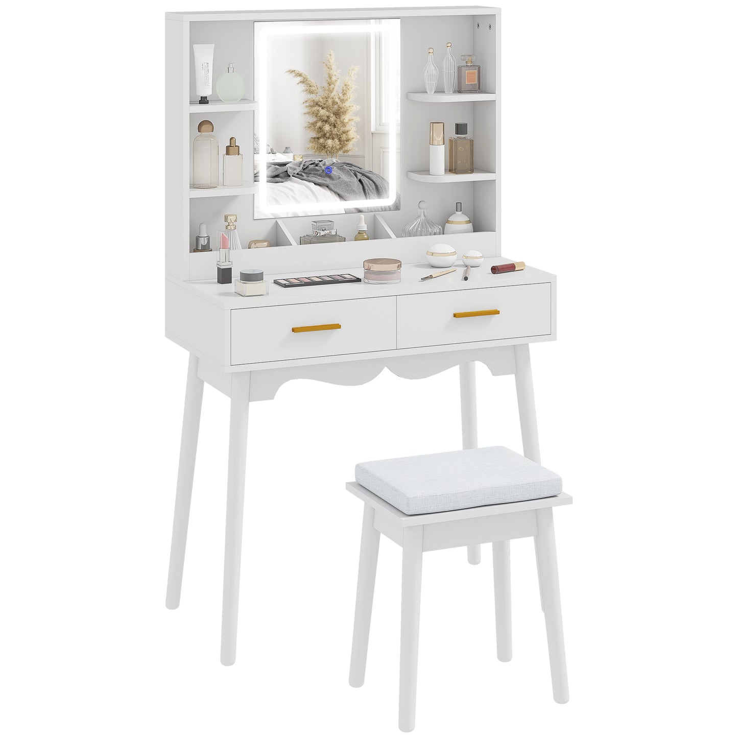 Dressing Table with LED Lighted Mirror and Cushioned Stool White