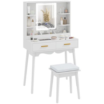 Dressing Table with LED Lighted Mirror and Cushioned Stool White