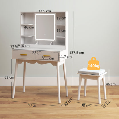 Dressing Table with LED Lighted Mirror and Cushioned Stool White