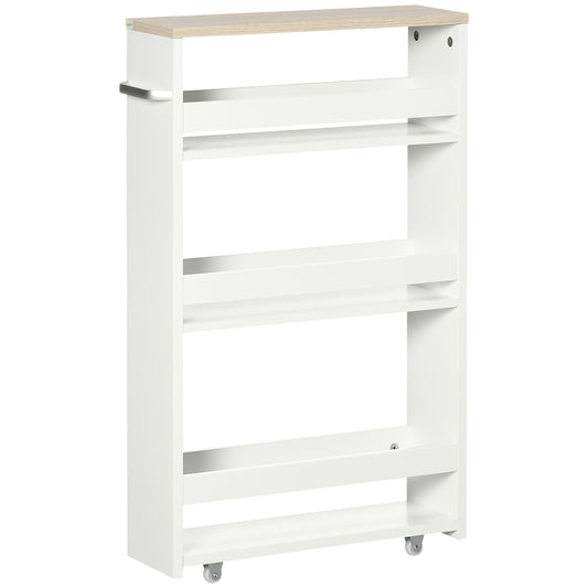 kleankin 4-Tier Storage Trolley on Wheels, Storage Cart, Rolling Ultility Cart with 3 Open Shelves for Living Room, Kitchen, Bathroom, White