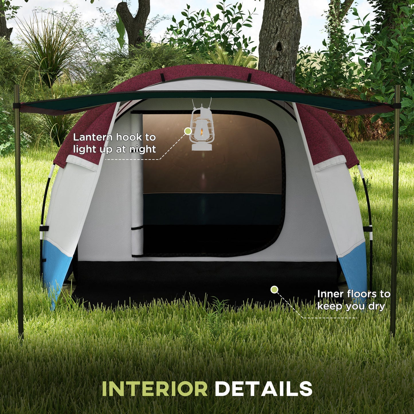 2-3 Man Camping Tunnel Tent with Bedroom and Living Room, Red