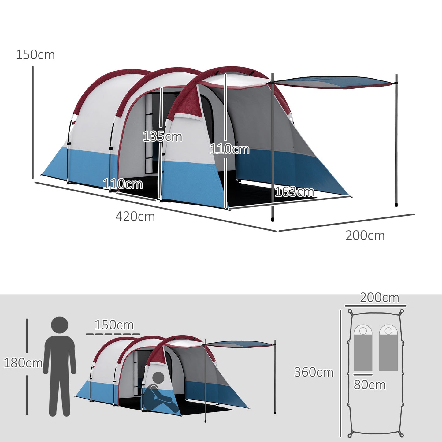 2-3 Man Camping Tunnel Tent with Bedroom and Living Room, Red