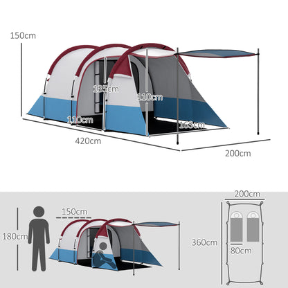 2-3 Man Camping Tunnel Tent with Bedroom and Living Room, Red