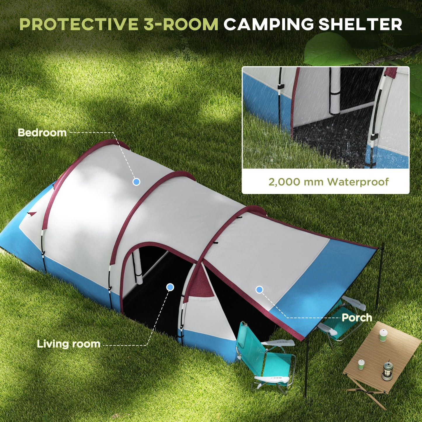 2-3 Man Camping Tunnel Tent with Bedroom and Living Room, Red