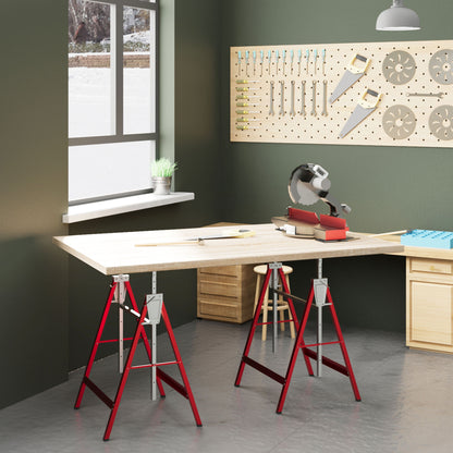 Set Of 2 Steel Saw Horses Telescopic Builders Work Bench Folding Red