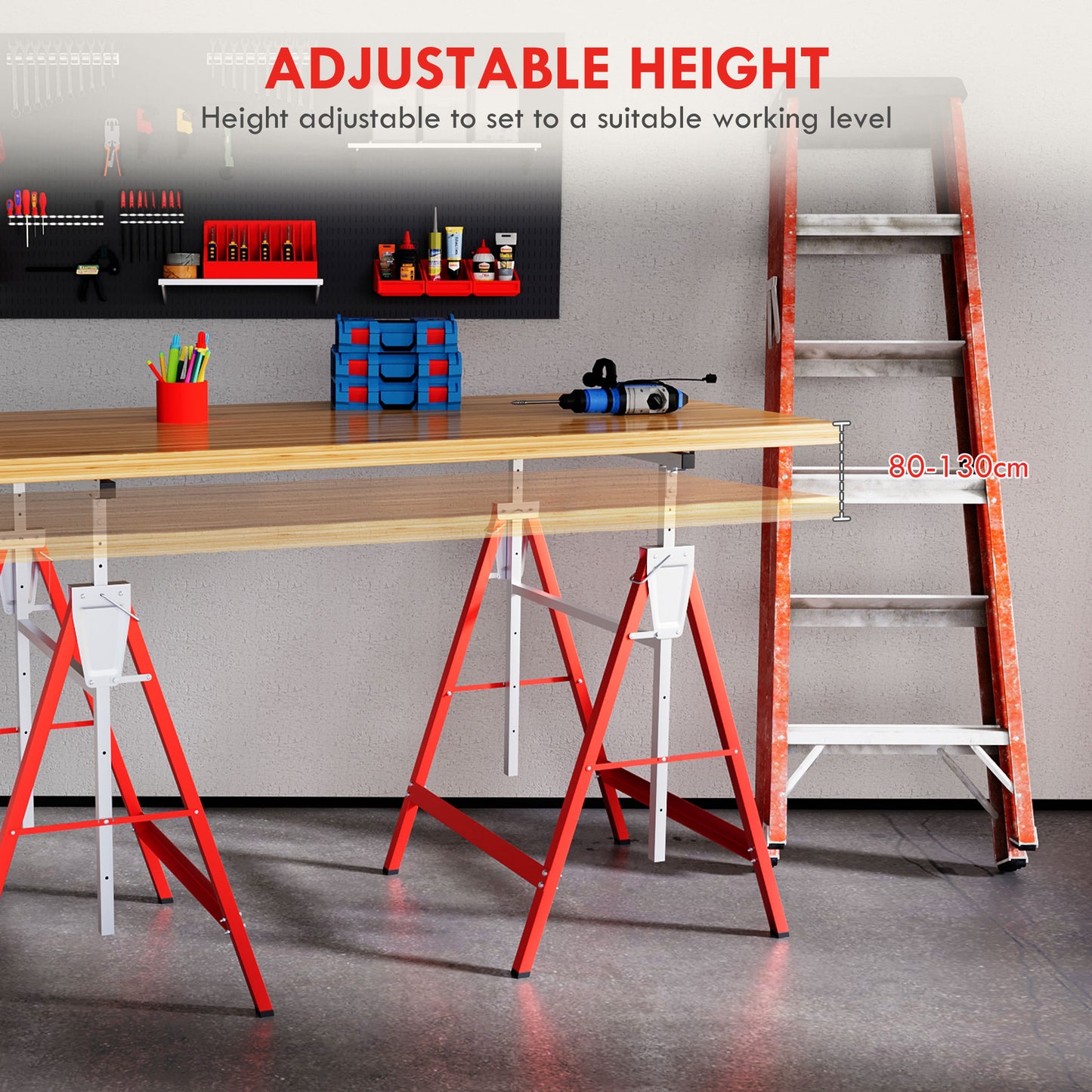 Set Of 2 Steel Saw Horses Telescopic Builders Work Bench Folding Red