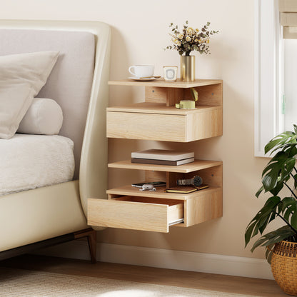 Modern Nightstand Set of 2, Wall Mounted Bedside Cabinet, Oak