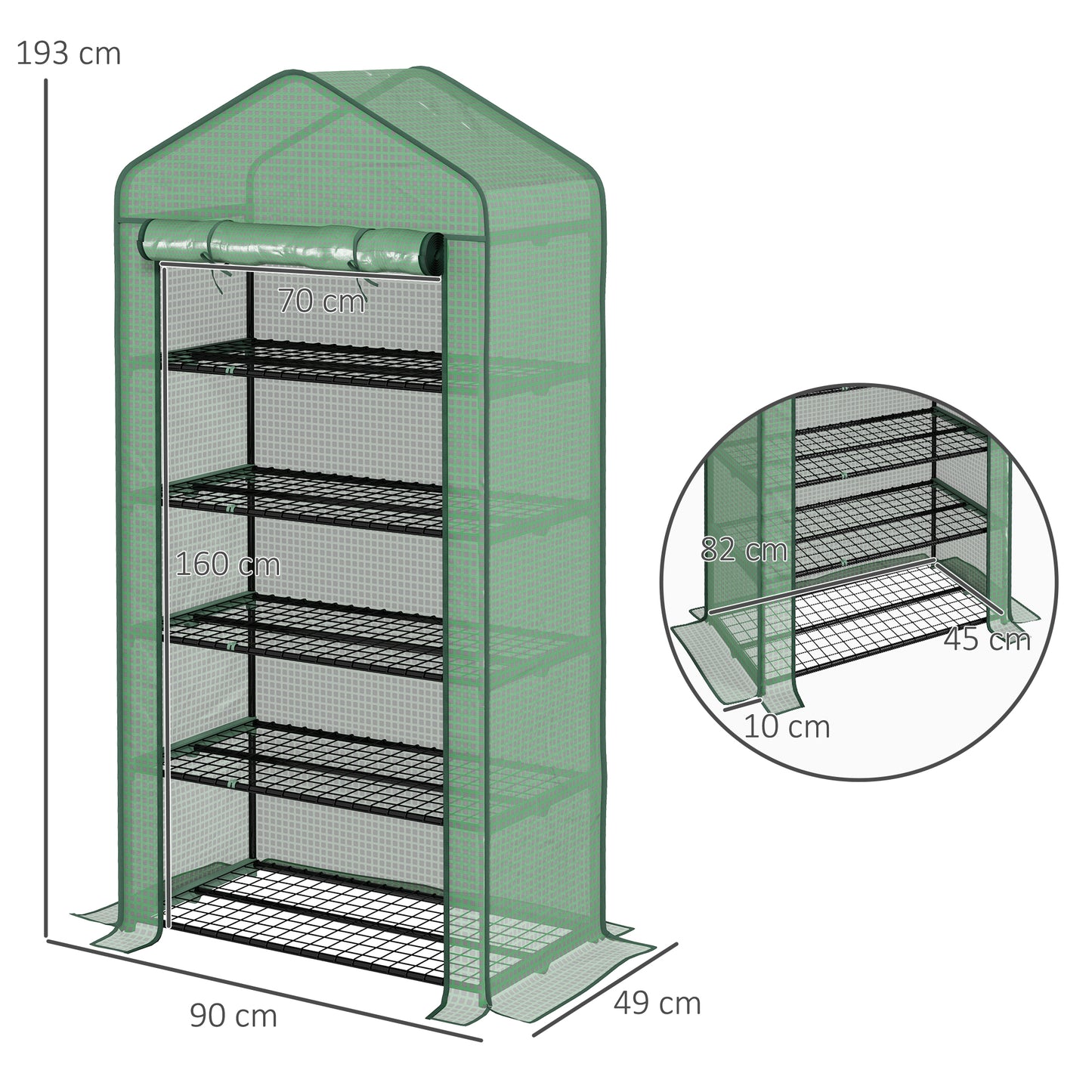 5 Tier Widened Mini Greenhouse w/ Reinforced PE Cover, Portable Green House w/ Roll-up Door & Wire Shelves, 193H x 90W x 49Dcm, Green