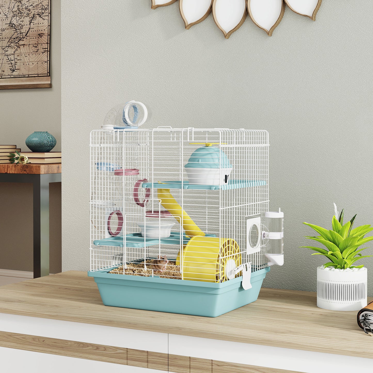 3-Level Hamster Cage, Gerbil Cage with Exercise Wheel, Tunnels, Water Bottle, Food Bowl, House, Ramps, for Dwarf Hamster, 34.5 x 27.5 x 41 cm, Blue